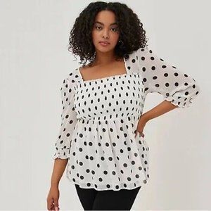 Torrid Babydoll Blouse Top Womens Plus 4X Black White Polka Dot Smocked Chiffon